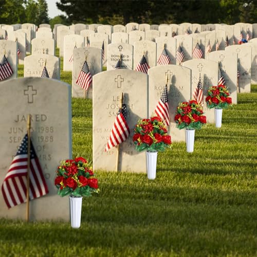 4 Sets Artificial Cemetery Flowers with Grave Vase for Memorial Day X727