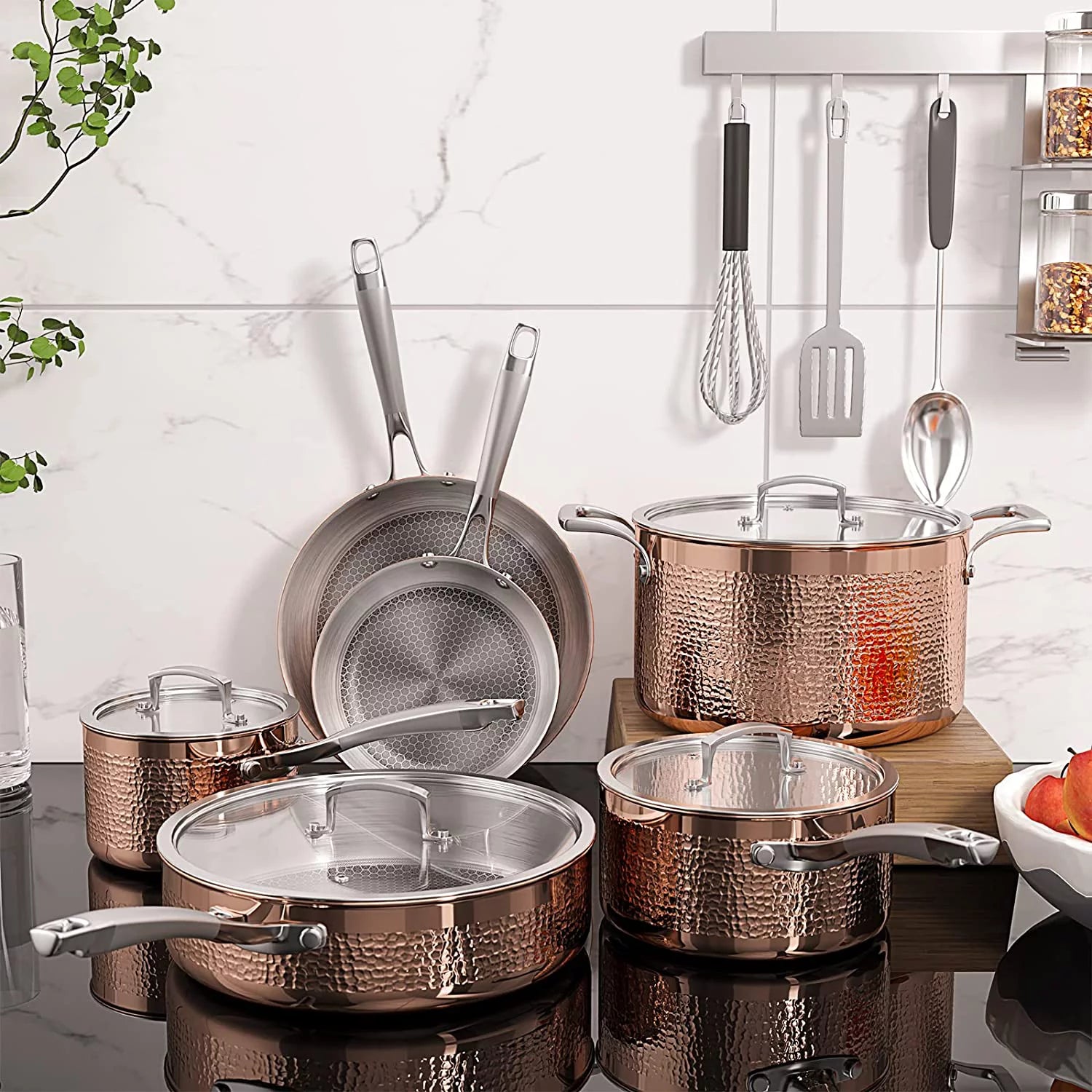 Homaz life 7-Piece Tri-Ply Stainless Steel Hammered Pots and Pans Set I838