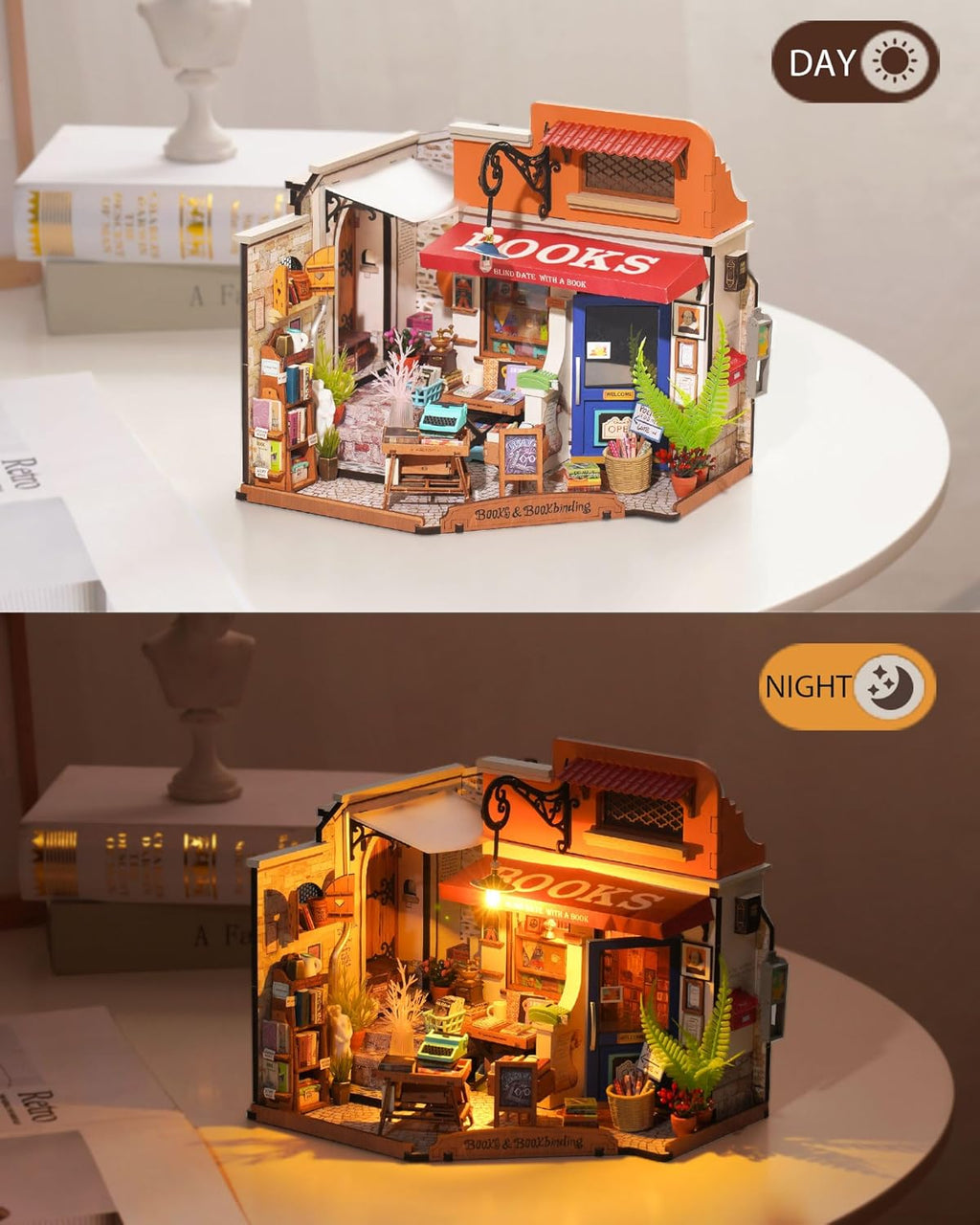 Rolife DIY Miniature House Kit 1:20 Scale Bookstore with LED Lights D629