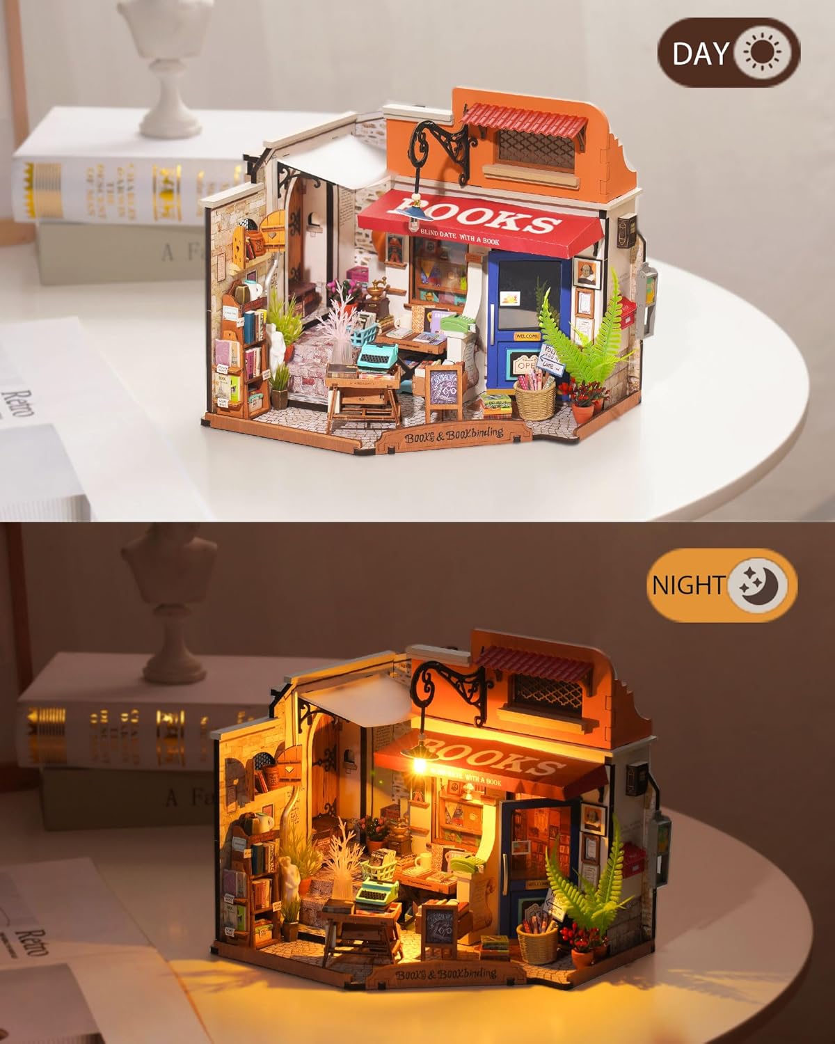 Rolife DIY Miniature House Kit 1:20 Scale Bookstore with LED Lights D629