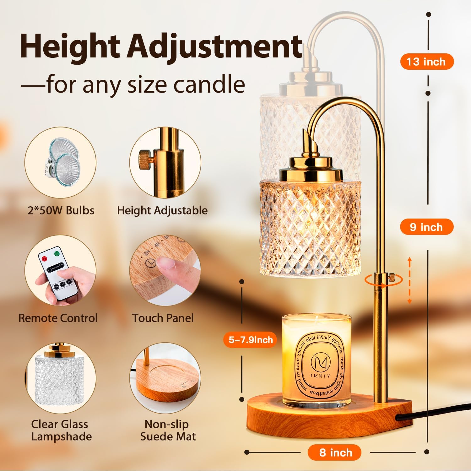 Candle Warmer Lamp with Remote Control, Dimming & Timer, Height Adjustable, 2 Bulbs N1077