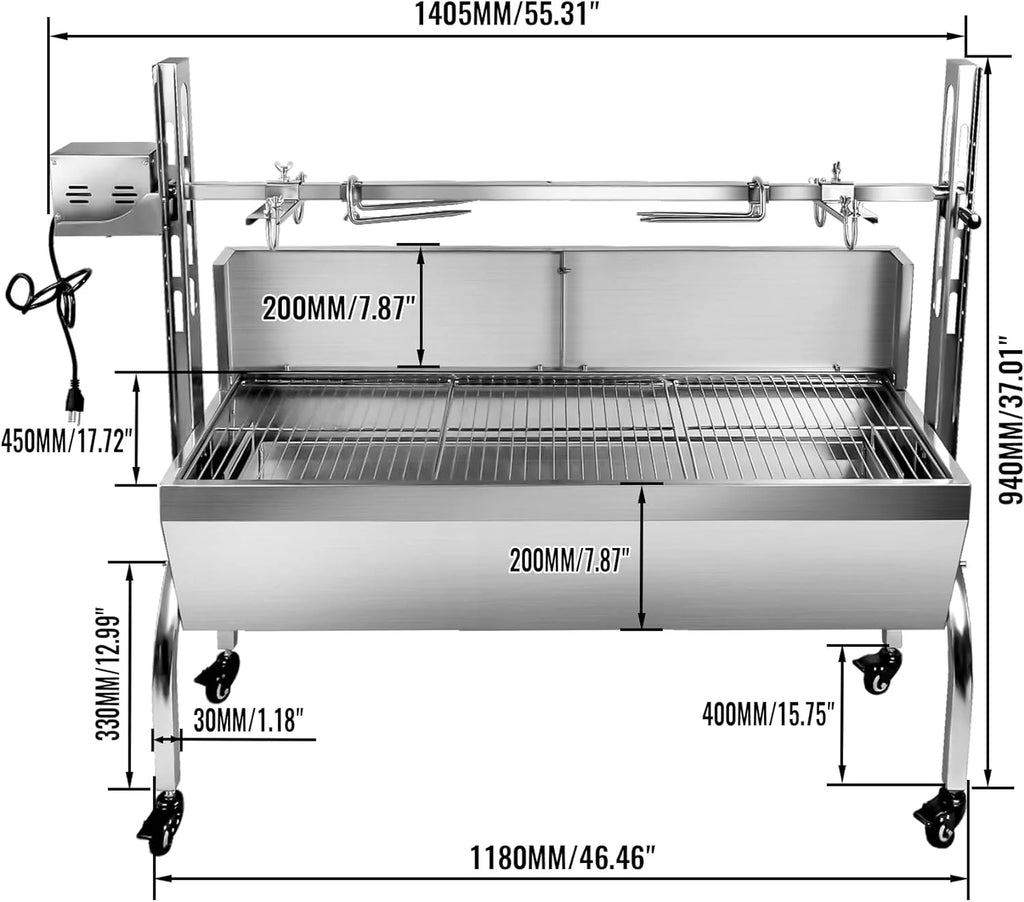 Stainless Steel Rotisserie Grill with Back Cover Guard, 25W Motor, 37'' Charcoal BBQ Z68024