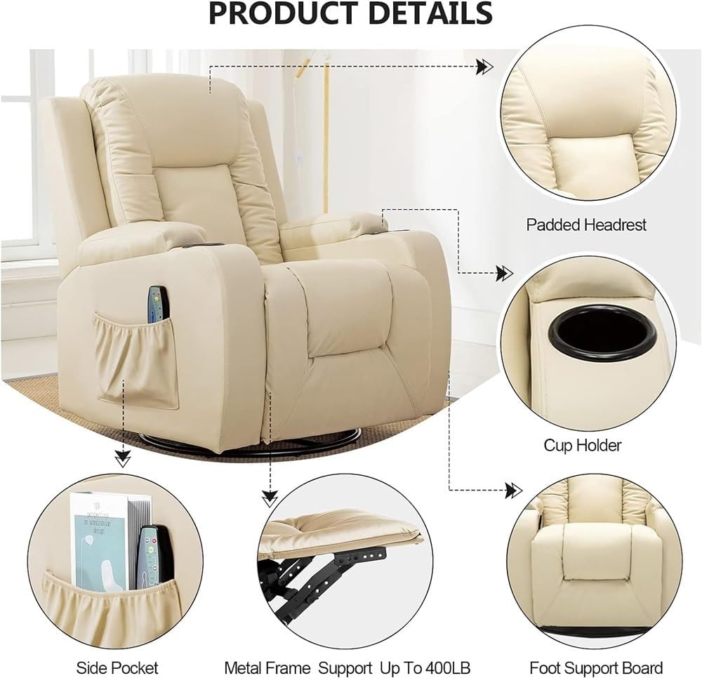 Deluxe Lazy Boy Recliner Chair Massage Rocker with Heated PU Leather, Cream H221888