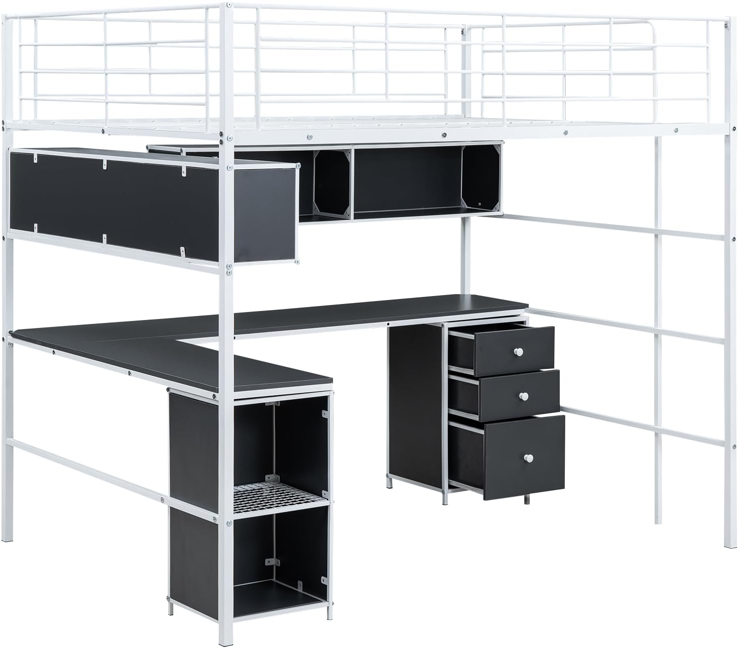 Metal Loft Bed with Bookcase, Desk and Cabinet, Full, White Q330