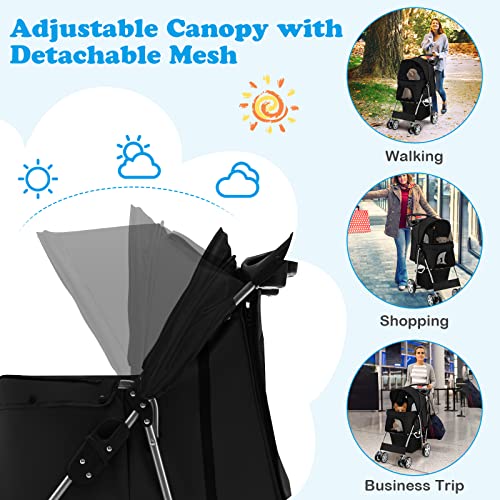 S AFSTAR 4 Wheels Pet Stroller Folding Cat Dog Carrier with Storage Basket, Black P905