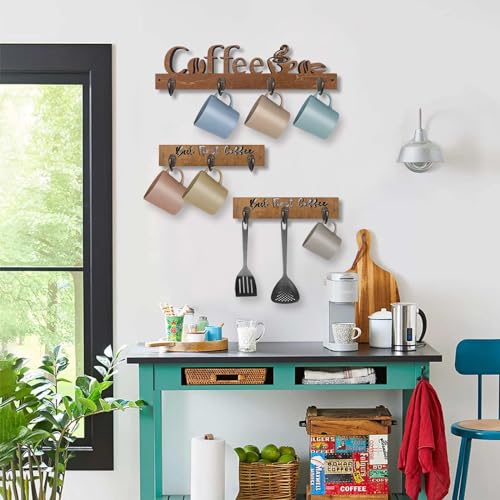 3 Pack Coffee Mug Shelf Wall Mounted with 10 Hooks, Wooden Kitchen Decor F926844