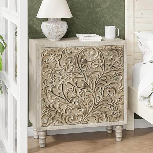 LONYKE 3 Drawer Farmhouse Dresser with Embossed Flower Motif, Weathered White P4937