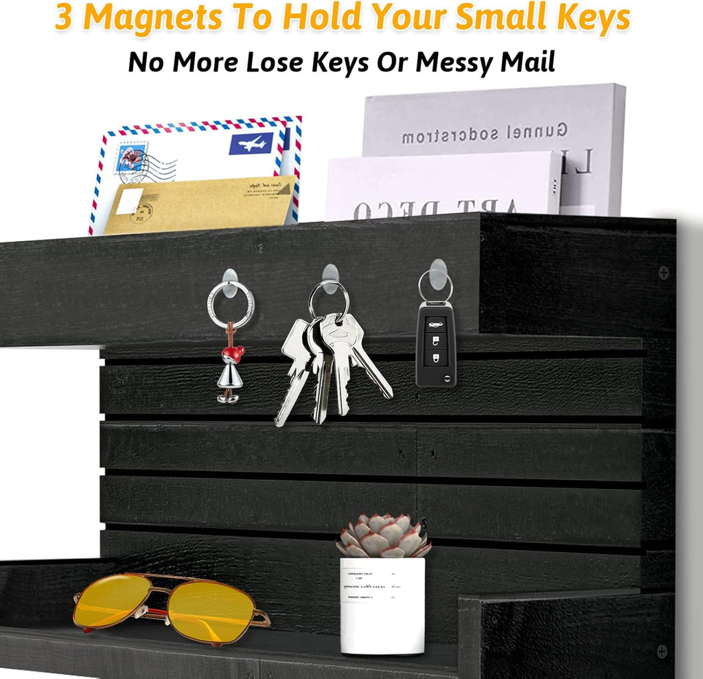 Wall Mounted Wooden Key Holder with 4 Hooks and Mail Organizer O254010