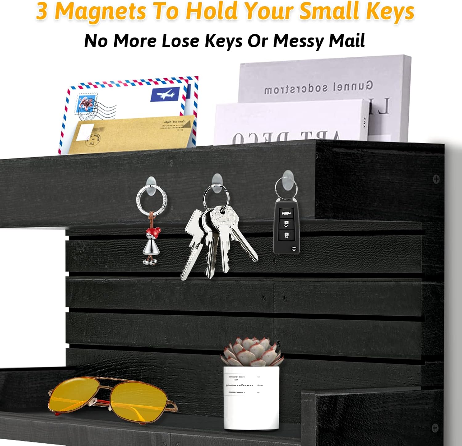 Wall Mounted Wooden Key Holder with 4 Hooks and Mail Organizer O254010