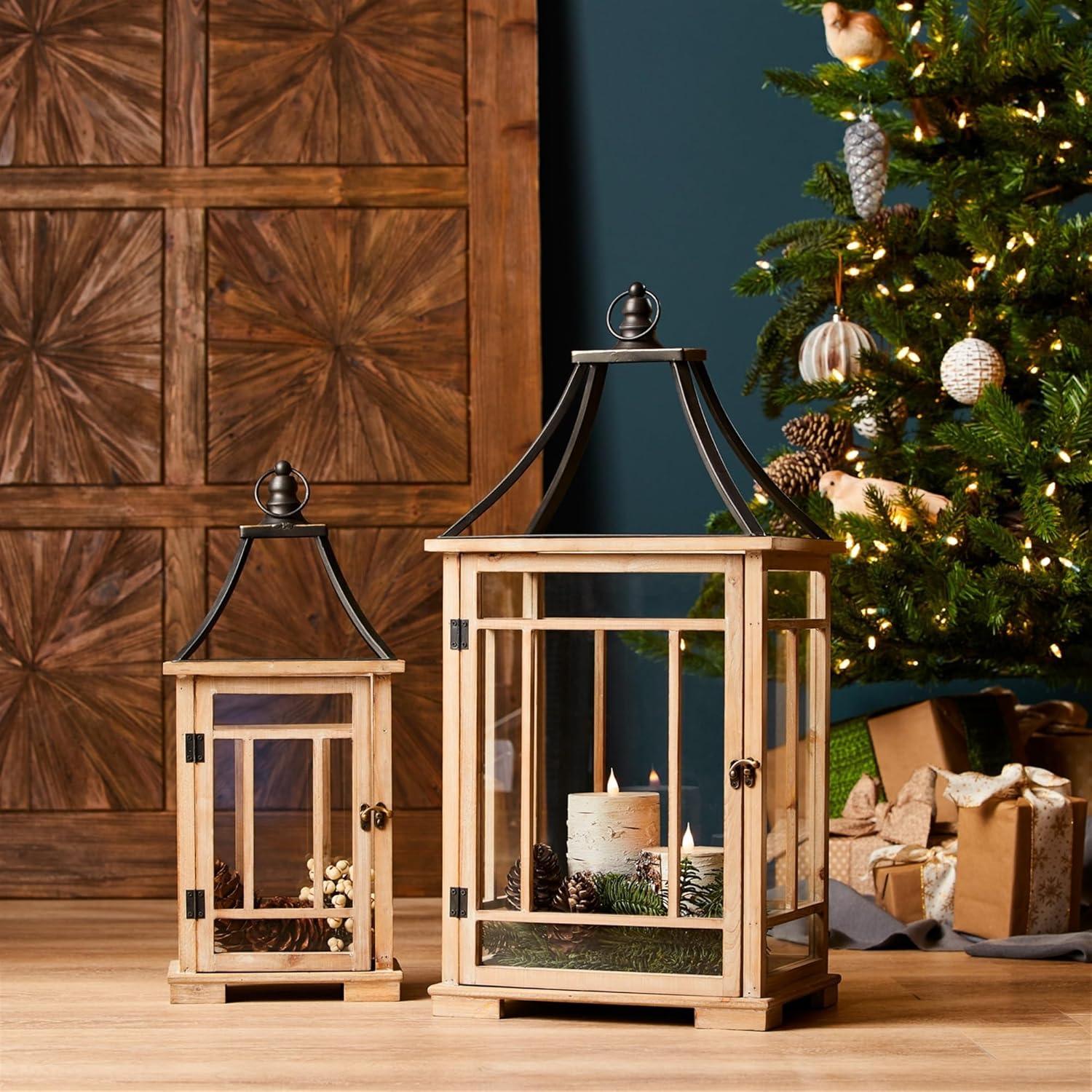 Melrose Lantern, Set of 2, Wood and Metal, 23 and 31 inches A7367