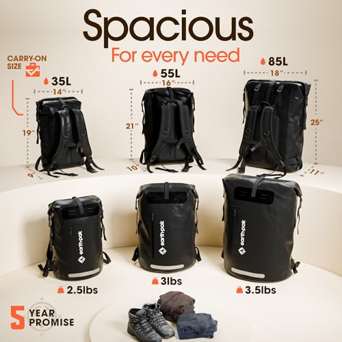 Earth Pak Waterproof Backpack Roll-Top Hiking Dry Bag with Phone Case, Black 35L L5072