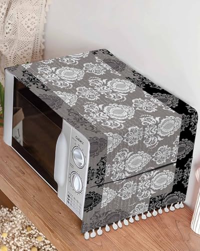 Microwave Oven Dust Cover, Vintage Floral Grey Black White, Anti-Slip with Storage Pockets S374