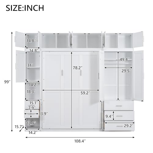 Harper & Bright Designs Full Size Murphy Bed with Lockers and Wardrobes, White N46034