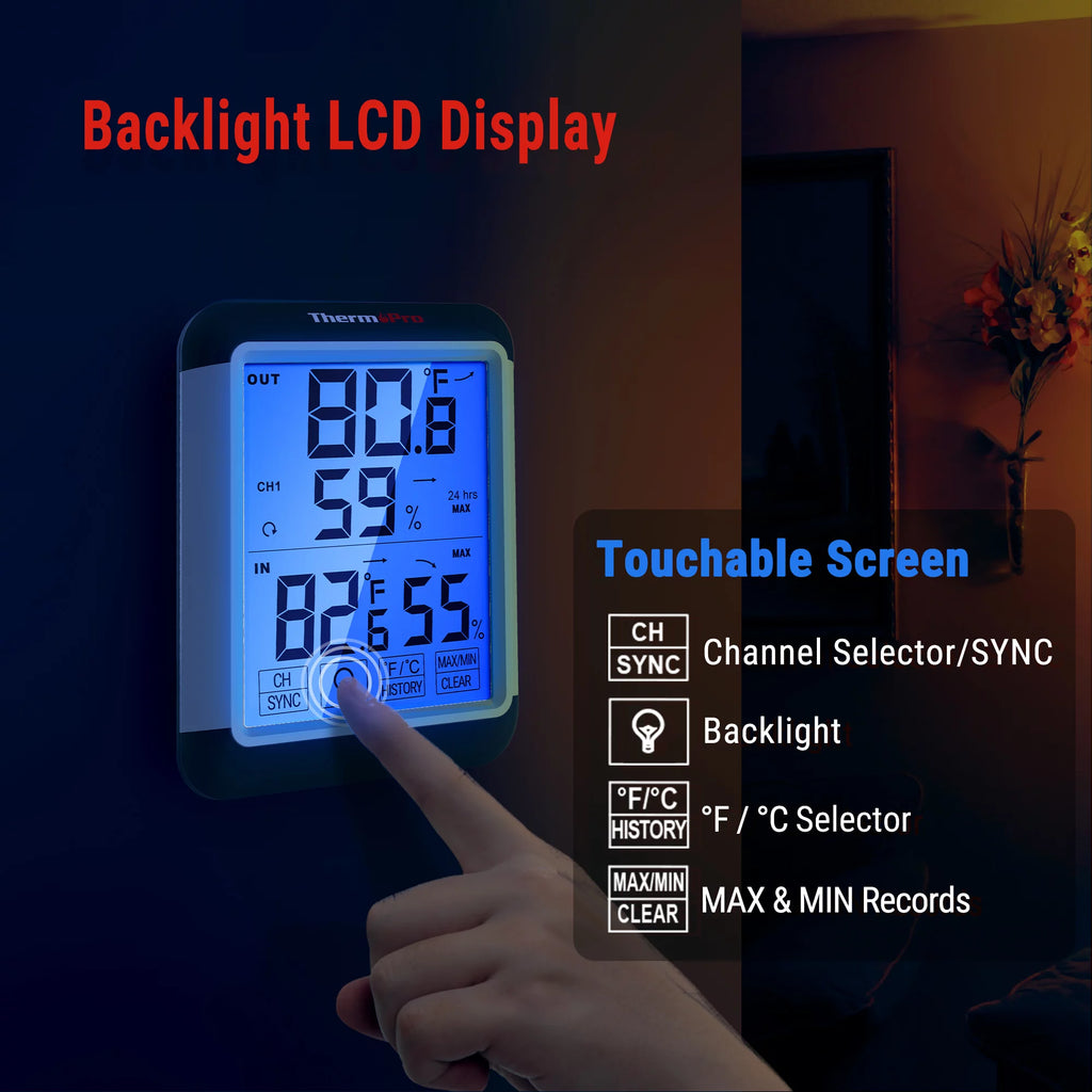 ThermoPro TP65W Indoor Outdoor Thermometer Wireless Hygrometer with Touchscreen Q1615