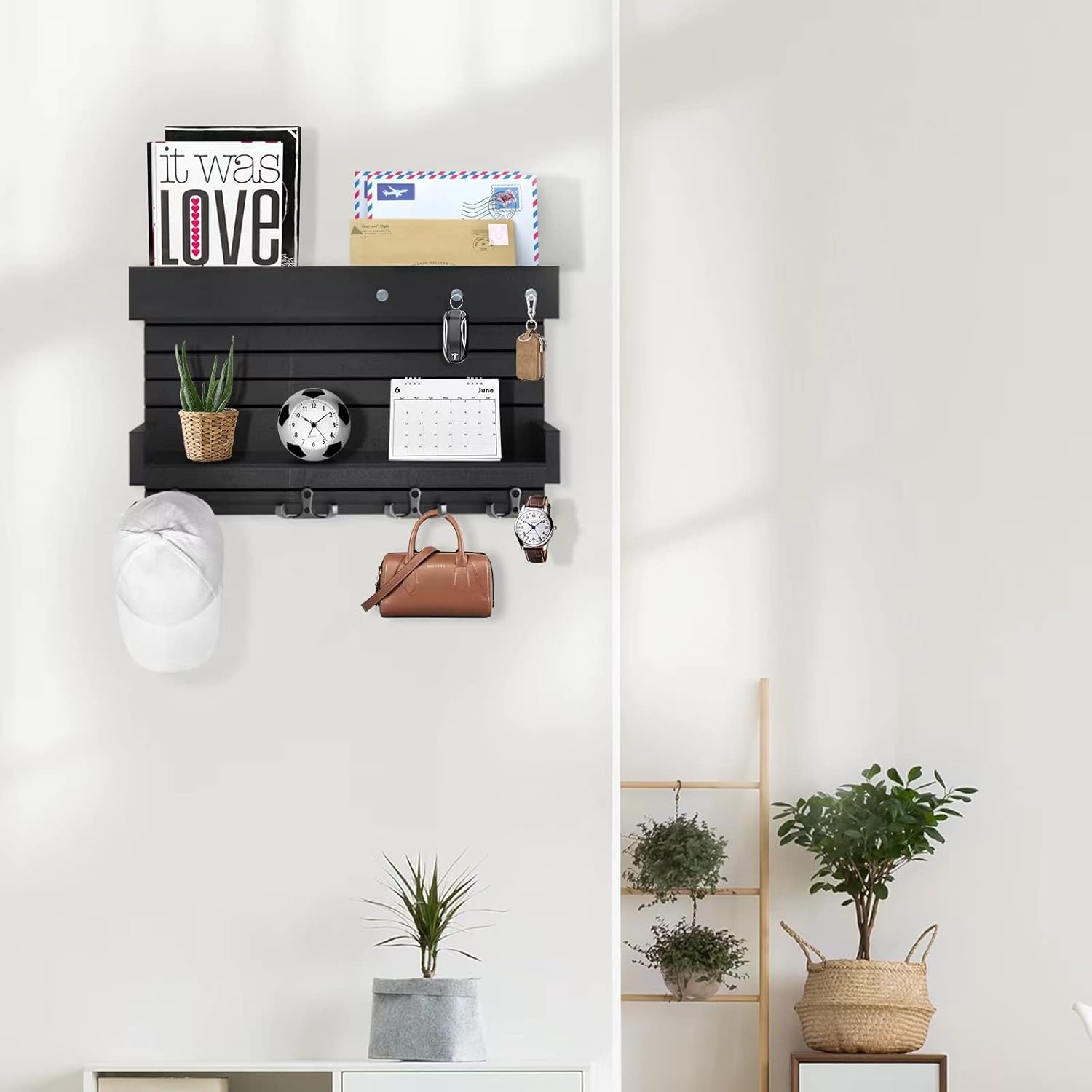 Wall Mounted Wooden Key Holder with 4 Hooks and Mail Organizer O254010