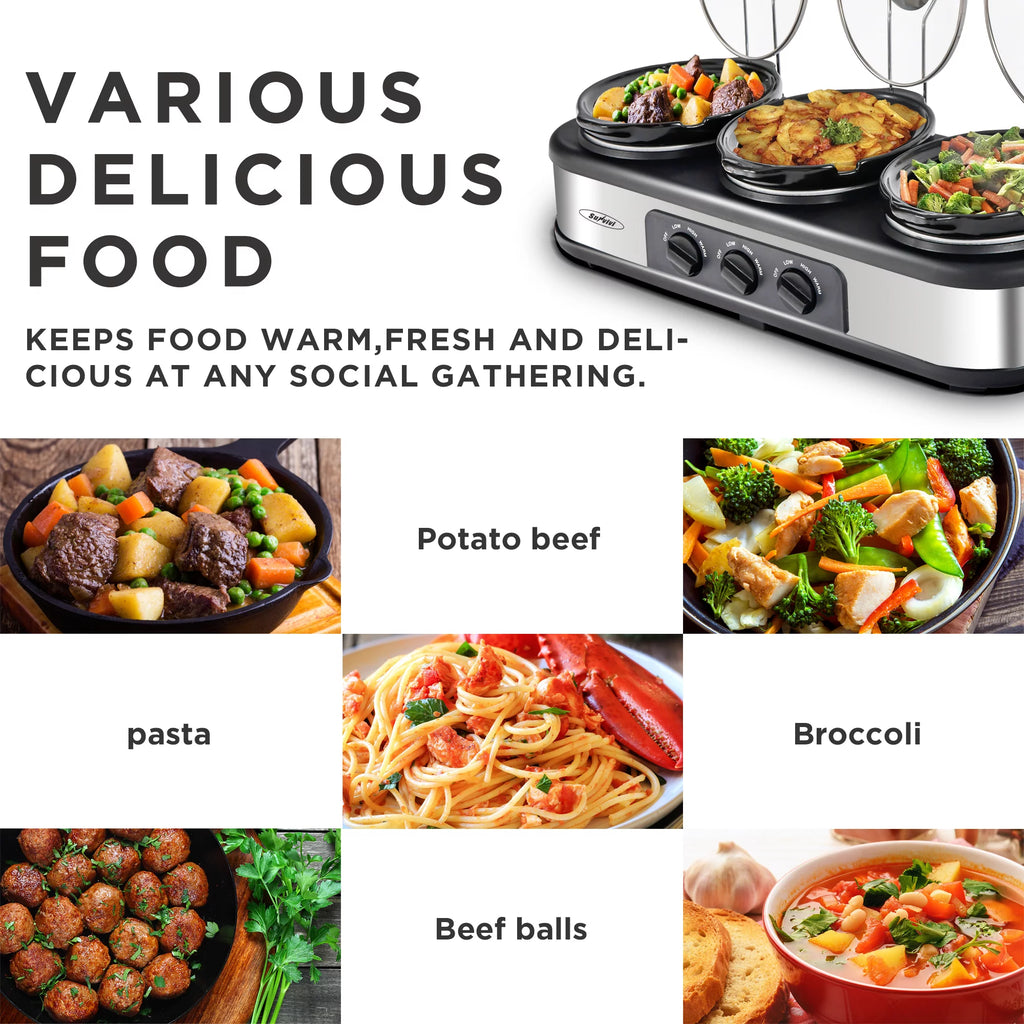 Triple Slow Cooker with 3 Spoons, 3 Pot 1.5 Quart, Stainless Steel O688