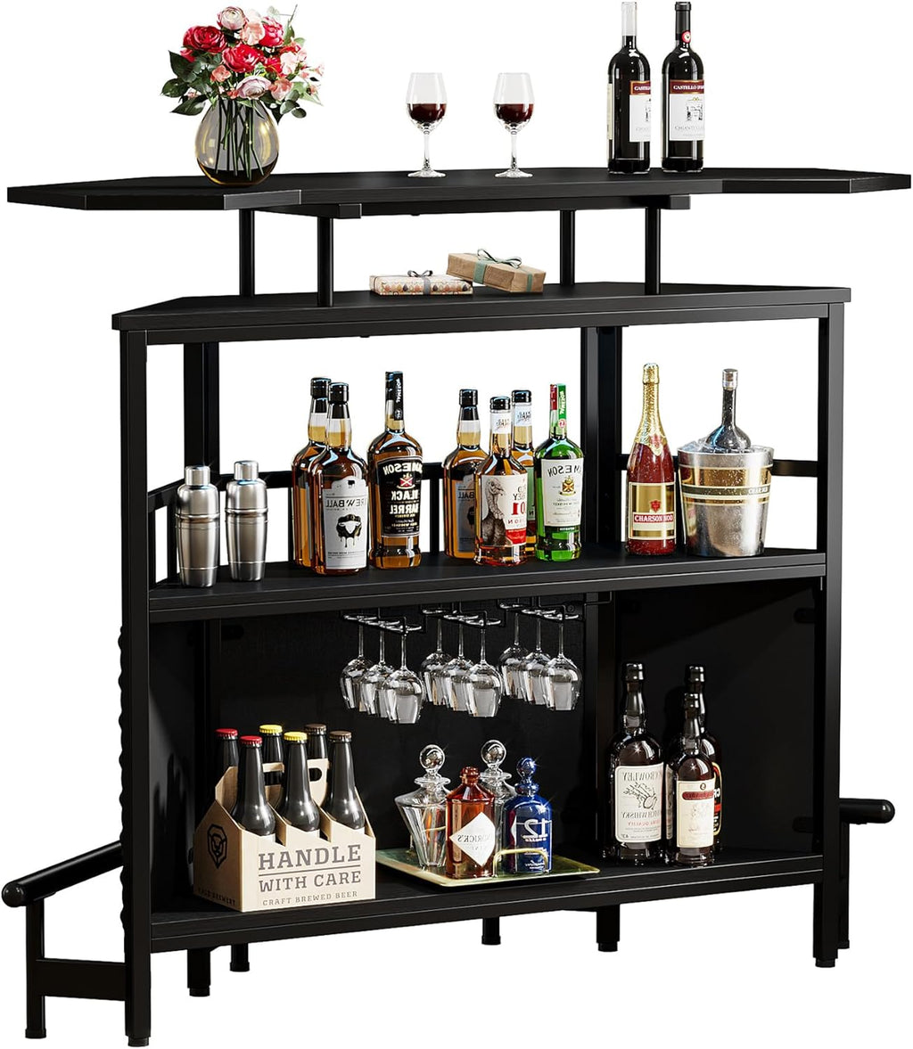 Bar Unit for Liquor, 4 Tier Home Bar Cabinet with Stemware Rack, Black Q2108