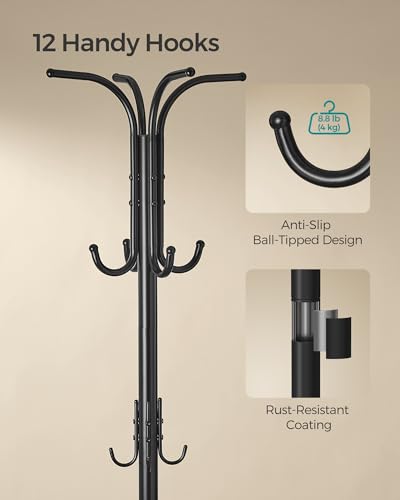 SONGMICS Coat Rack Freestanding with 12 Hooks, Ink Black T2720
