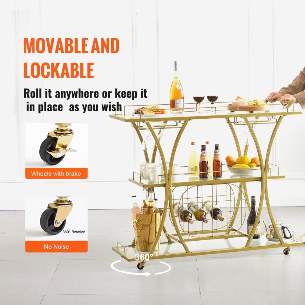 Gold Metal Bar Serving Cart with Wine Rack and Glass Holder M816