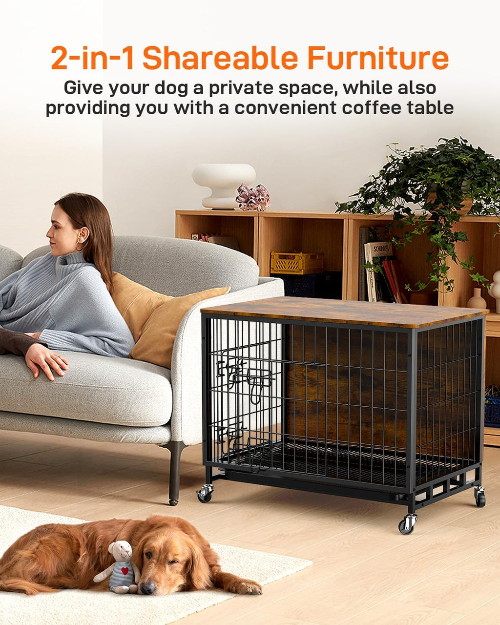 Dog Crate Furniture with Removable Tray and Wheels, Double-Door Wooden Kennel, Brown N6860