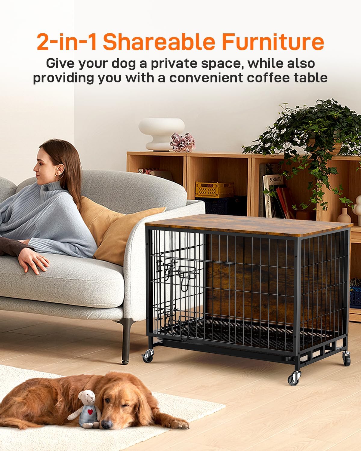 Dog Crate Furniture with Removable Tray and Wheels, Double-Door Wooden Kennel, Brown N6860