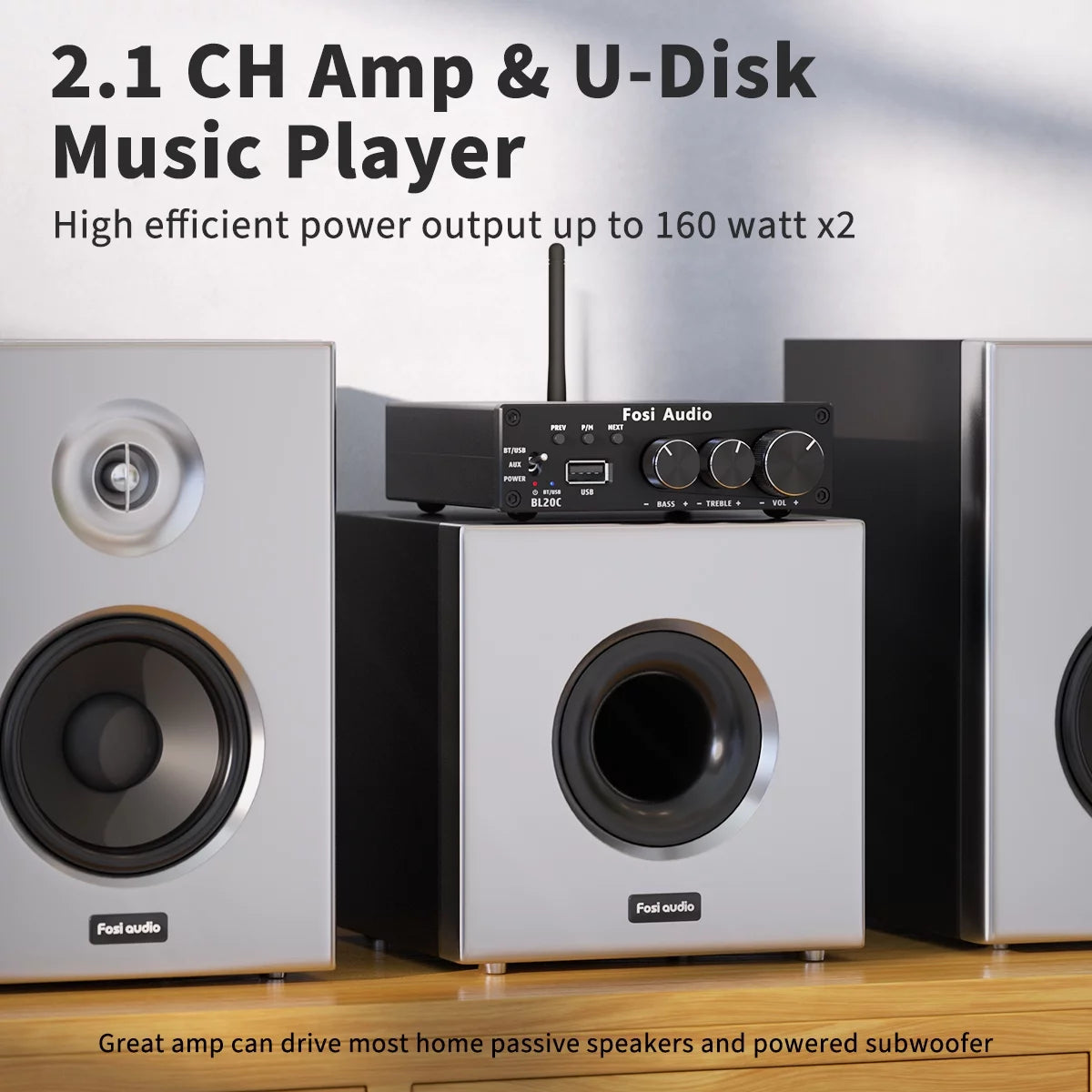 Fosi Audio BL20C 320W Bluetooth 5.0 Stereo Amplifier 2.1 CH Mini Hi-Fi Class D Integrated Amp S951021