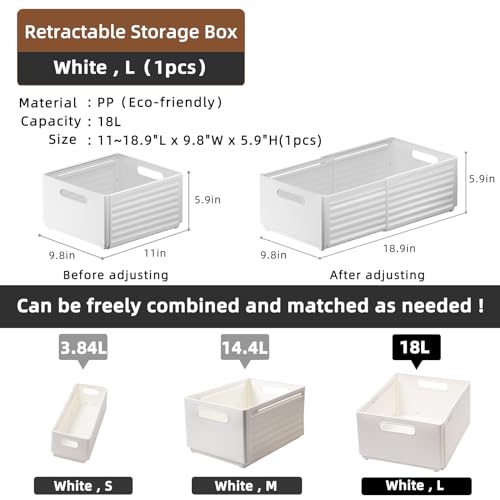 Retractable Plastic Storage Bins with Handles, Stackable, White, 3.84L, 3PCS T663