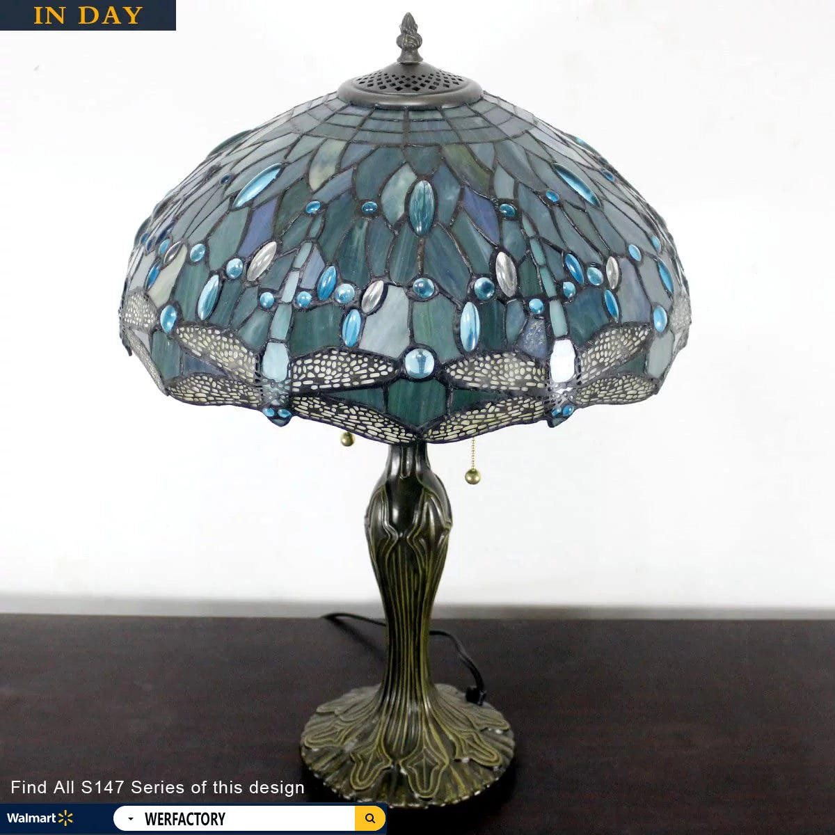 Tiffany Stained Glass Table Lamp with Metal Base, Sea Blue Dragonfly Style, 24" Tall, WERFACTORY LED Bulb Included K398