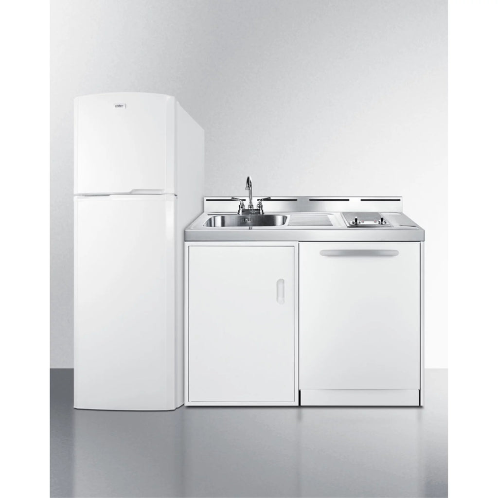 All-in-one combination kitchenette with full-sized refrigerator-freezer, dishwasher, sink, storage cabinet, and 2-burner glass cooktop