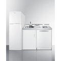 All-in-one combination kitchenette with full-sized refrigerator-freezer, dishwasher, sink, storage cabinet, and 2-burner glass cooktop