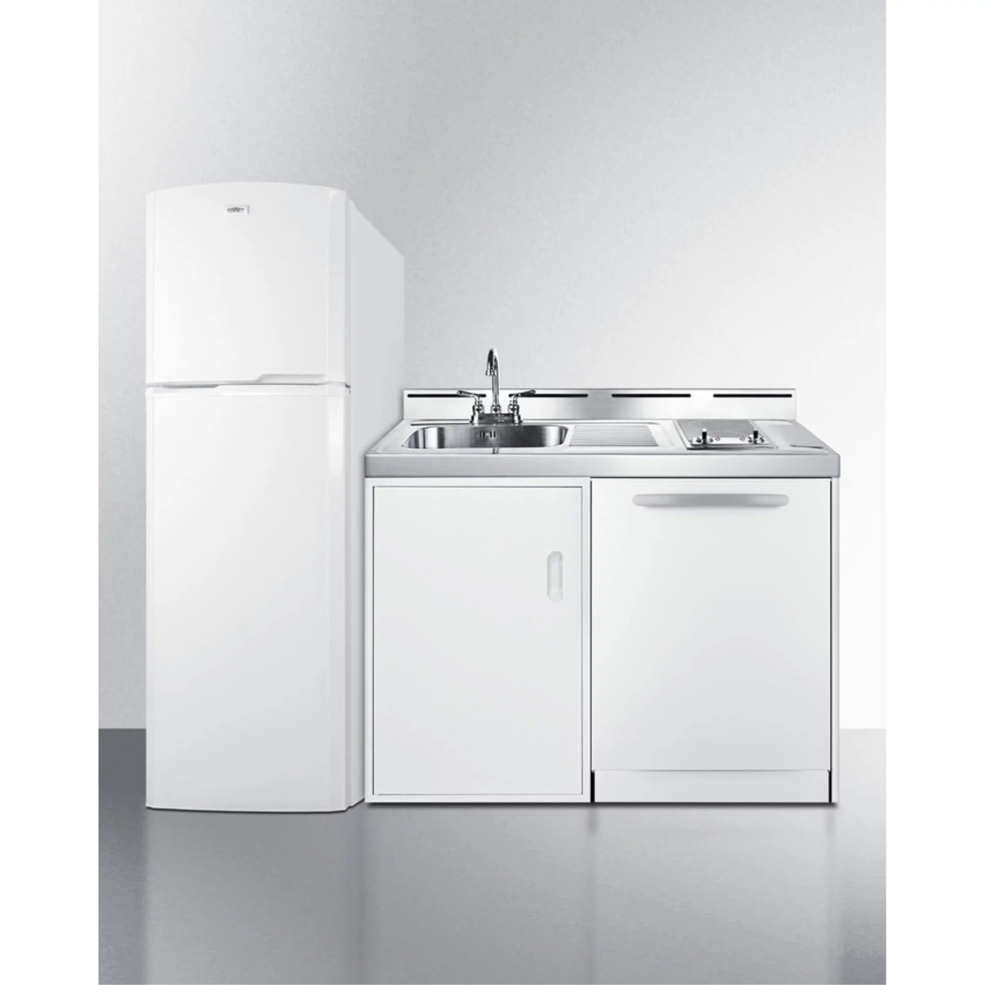 All-in-one combination kitchenette with full-sized refrigerator-freezer, dishwasher, sink, storage cabinet, and 2-burner glass cooktop
