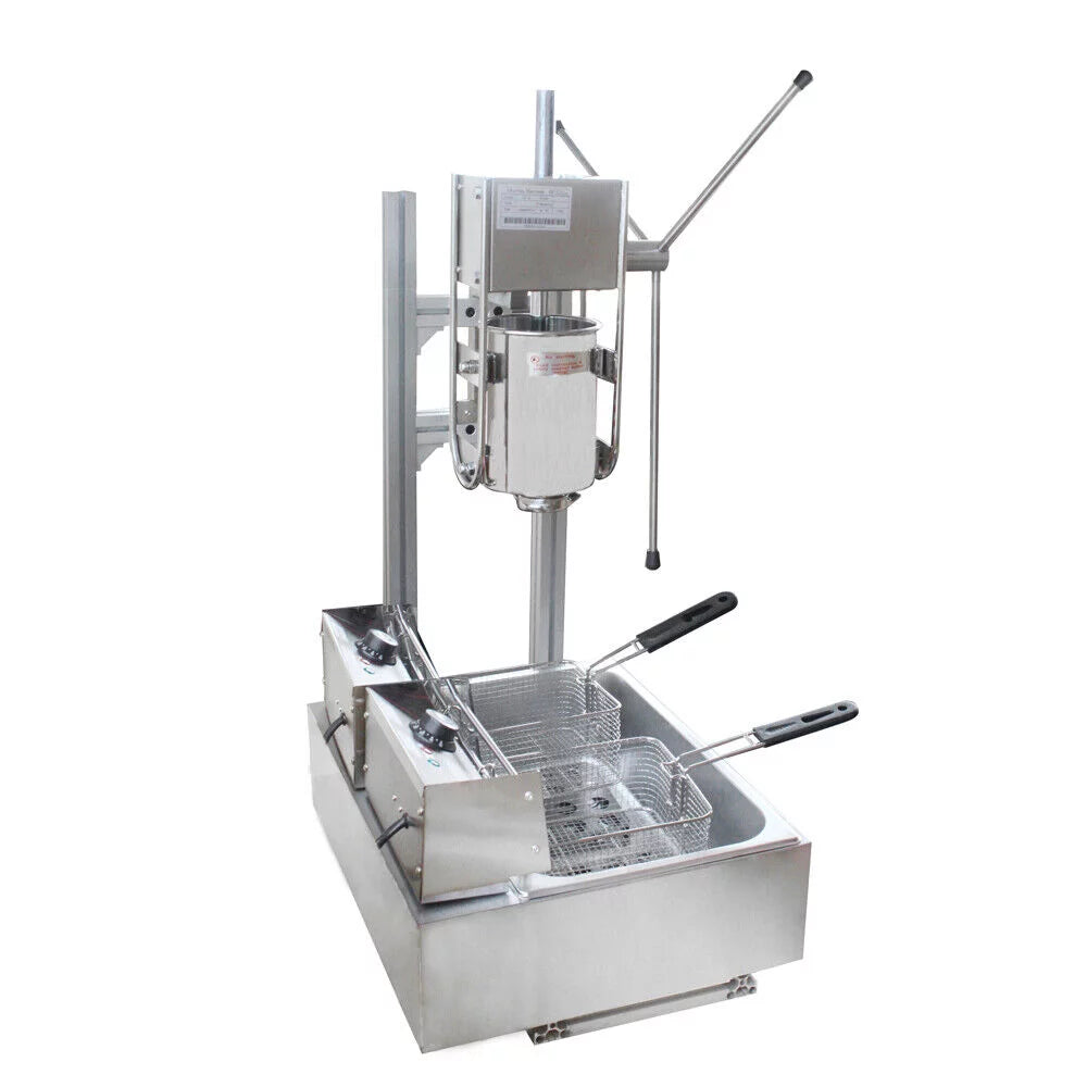 Miumaeov Churros Machine Manual Stainless Steel Vertical Sausage Stuffer with 12L Fryer G5601