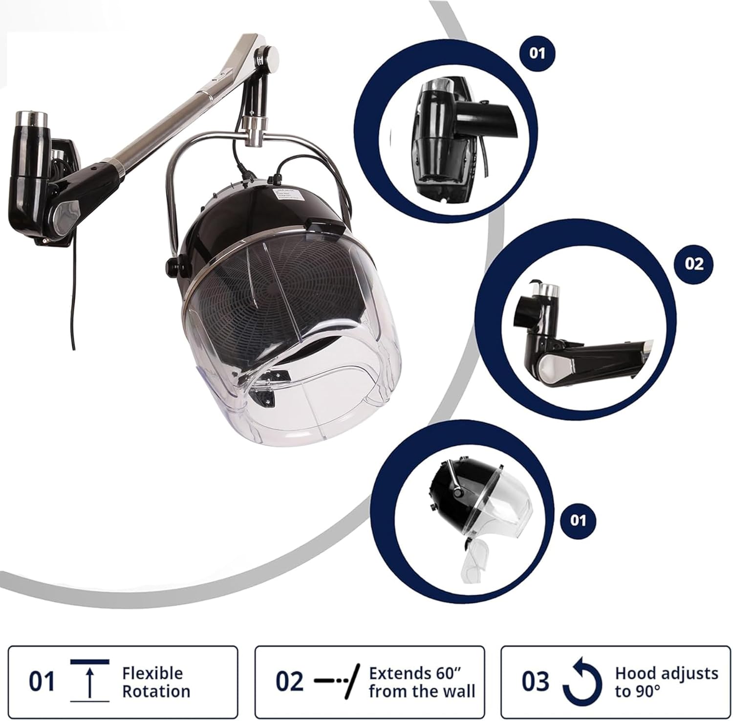 Samger Retractable 900W Wall Mounted Hair Hood Dryer with Swivel Arm A801024