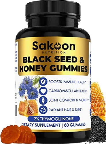 Sakoon Black Seed Oil & Honey Gummies W/ 2%+ THYMOQUINONE | Nigella Sativa Seeds| Super Antioxidant for Immune Support, Joints, Digestion, Hair & Skin | 60 Gummies