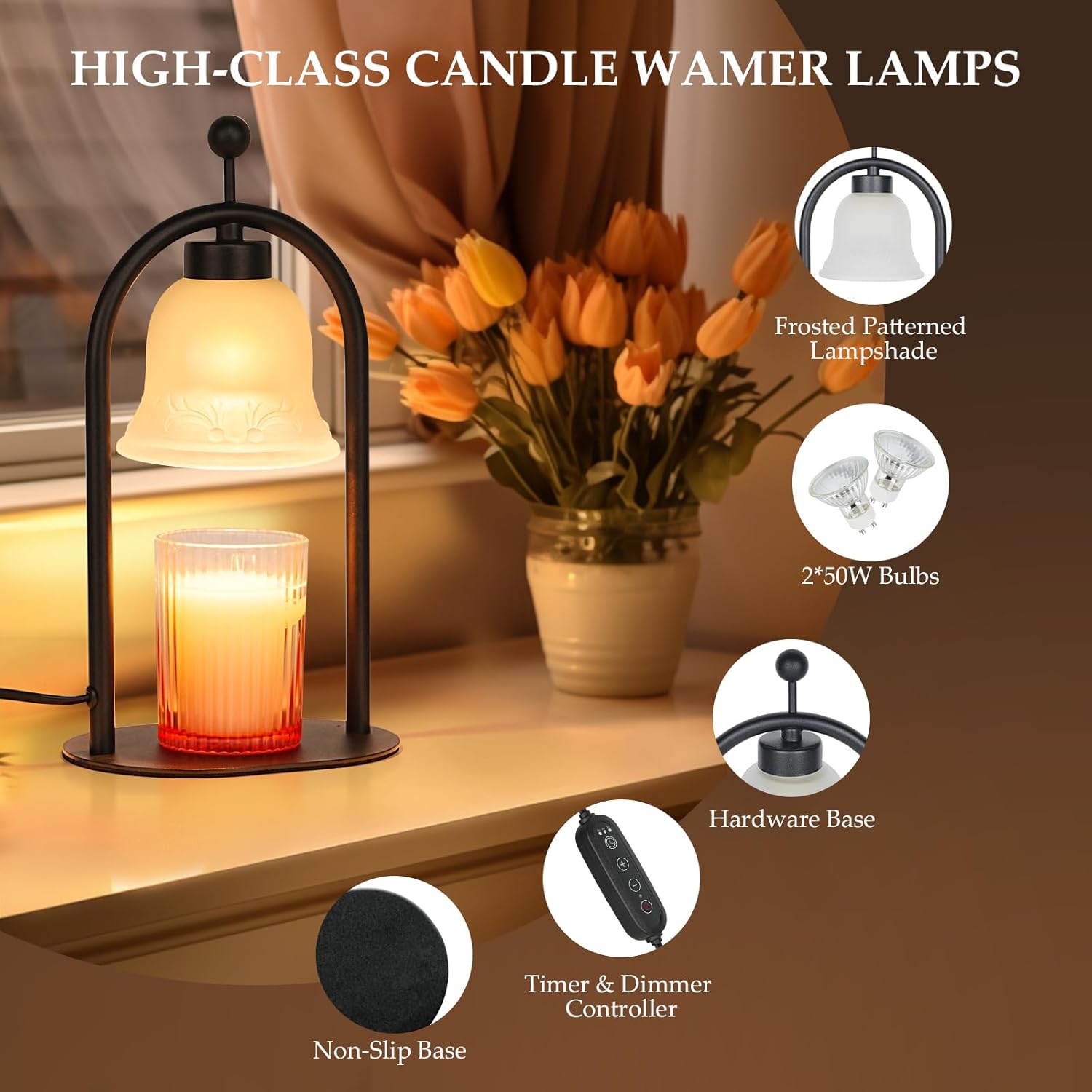 Candle Warmer Lamp with Timer, Dimmable, 2 Bulbs for Jar Candles H856