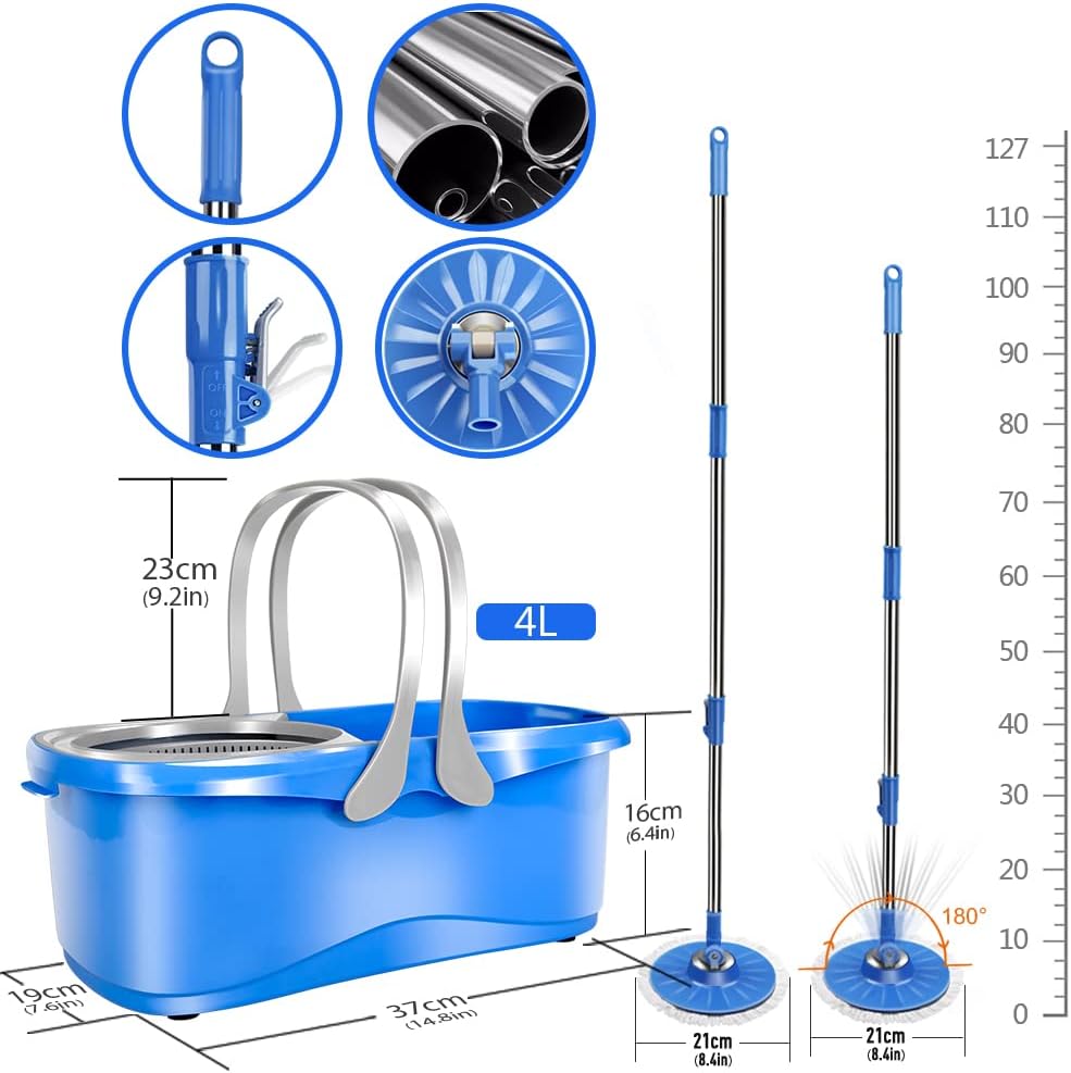MASTERTOP Spin Mop and Bucket with Wringer, Microfiber Floor Cleaning System, Stainless Steel Handle, 5 Reusable Pads H3282