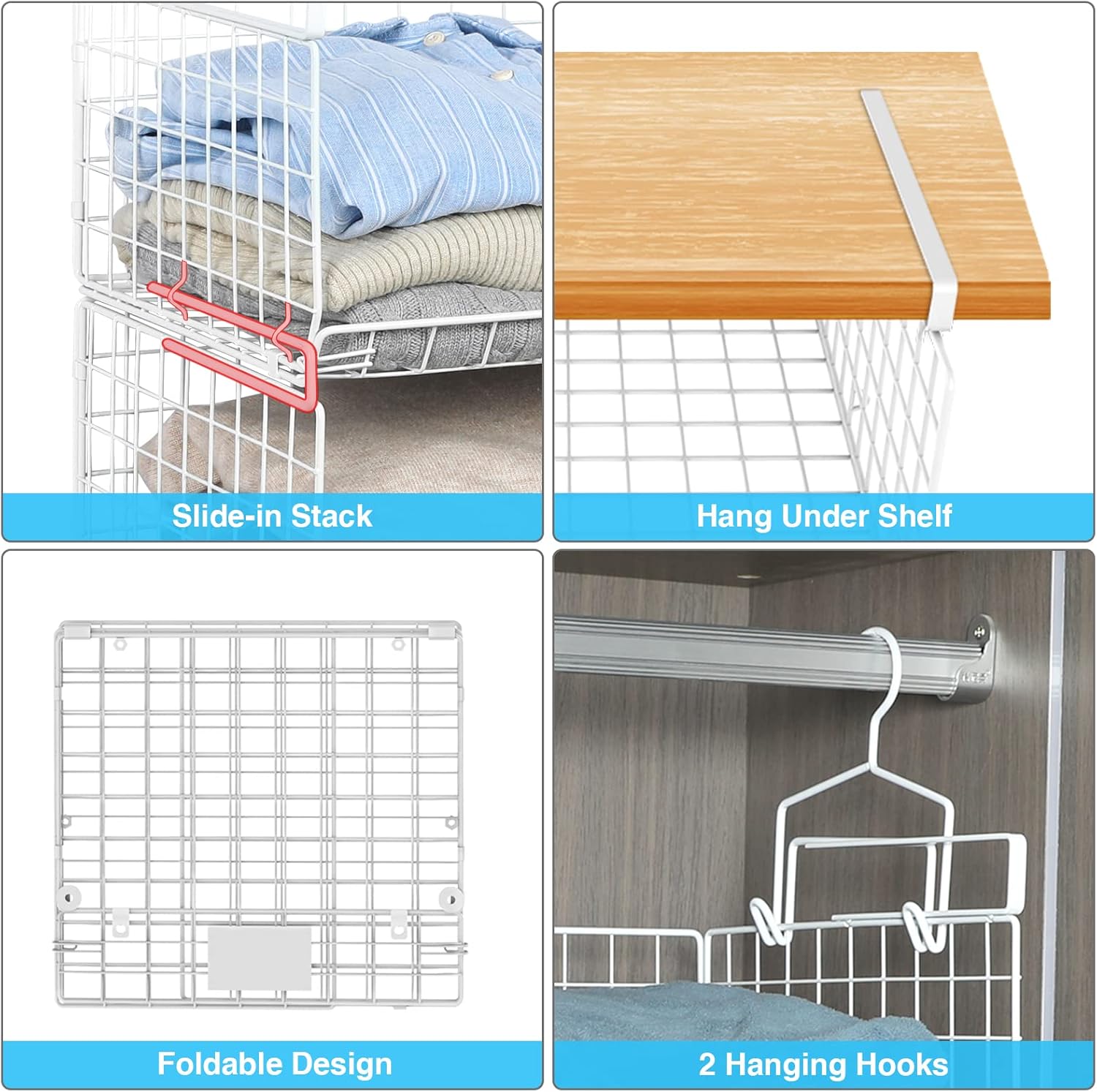 3-Tier Under Closet Shelf Basket Hanging Storage Organizer with Hooks G131