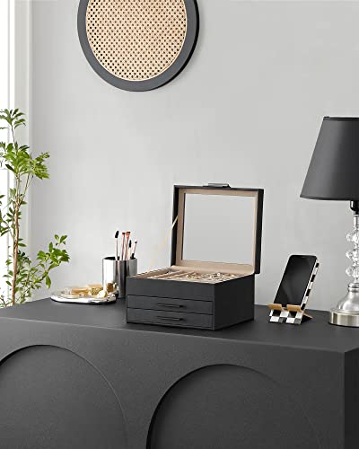 SONGMICS Jewelry Box with Glass Lid, 4-Layer Organizer, Dove Gray and Gold R6030