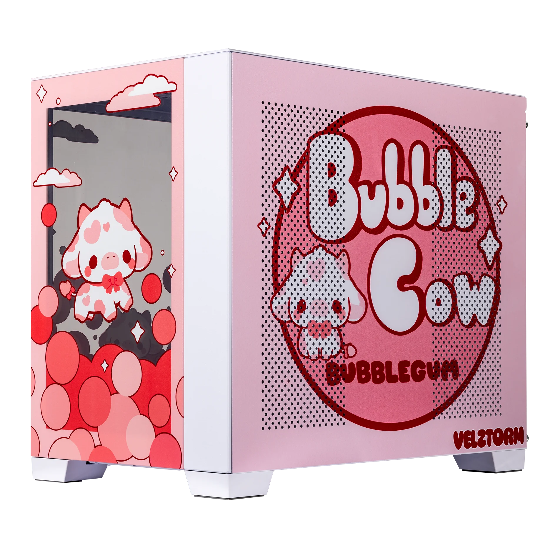 Velztorm Bubble Cow Custom Art Aluminum Tempered Glass O11 Dynamic Mini Rose Pink Gaming Computer Case D216277