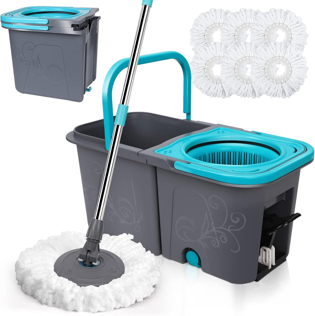 Mastertop Spin Mop and Bucket with Wringer Set, Stackable Microfiber Mop Bucket Floor Cleaning System, Wet & Dry Mops with 6 Replacement Refills for Hardwood, Laminate, Tile