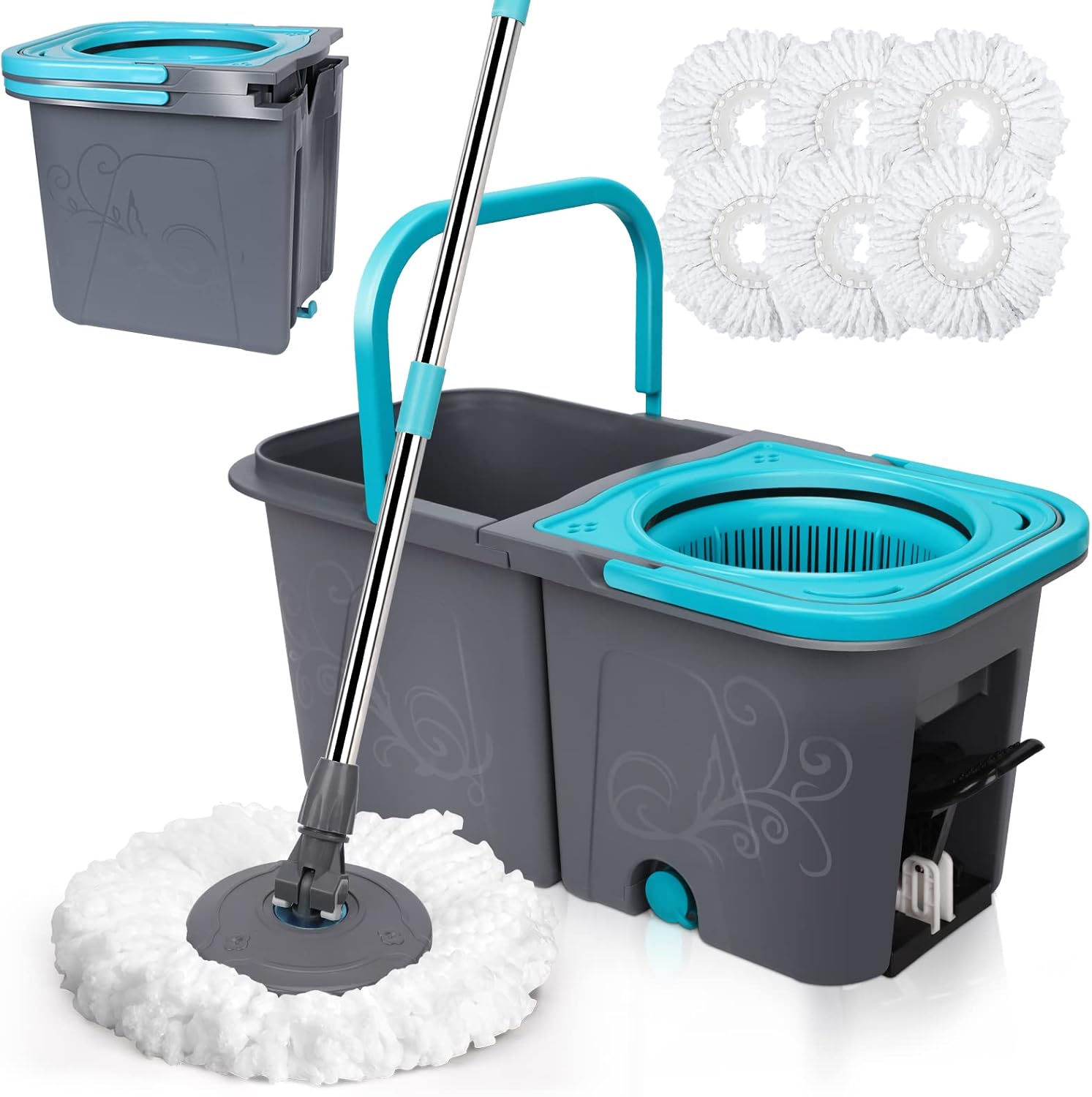 Mastertop Spin Mop and Bucket with Wringer Set, Stackable Microfiber Mop Bucket Floor Cleaning System, Wet & Dry Mops with 6 Replacement Refills for Hardwood, Laminate, Tile