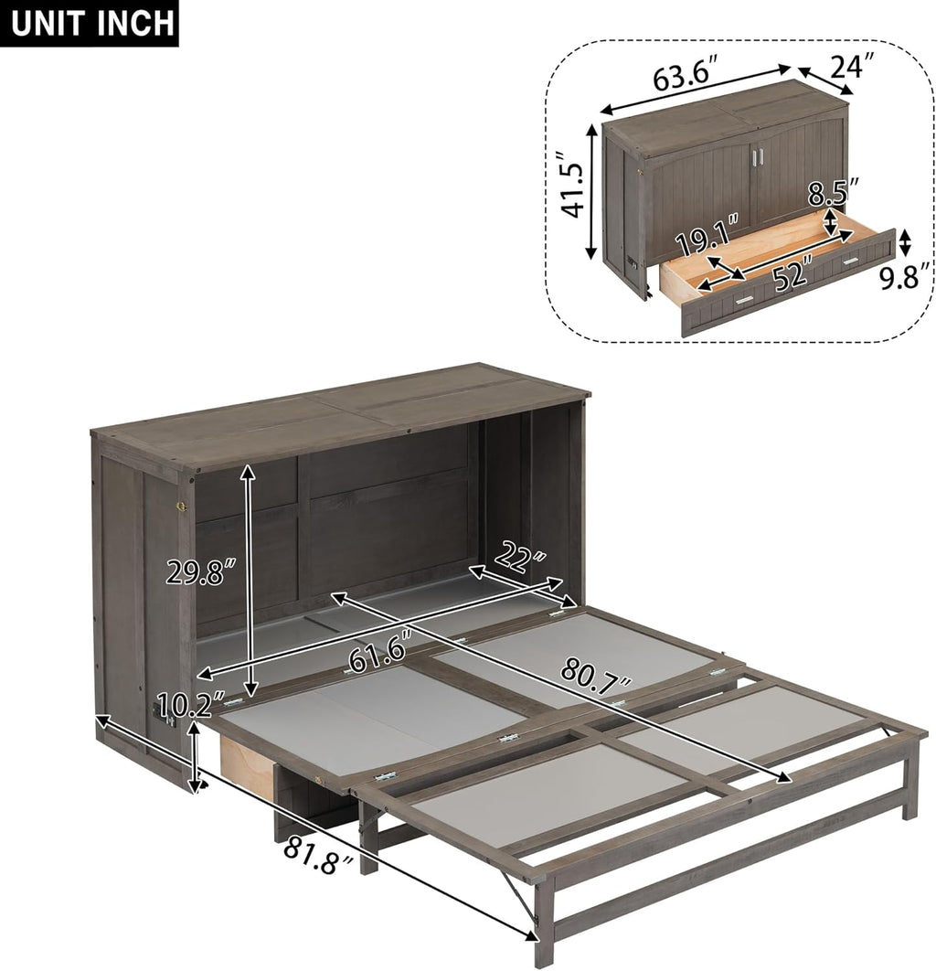 Queen Murphy Bed Cabinet with Drawer and Charging Station, 63" Foldable for Small Space K243510