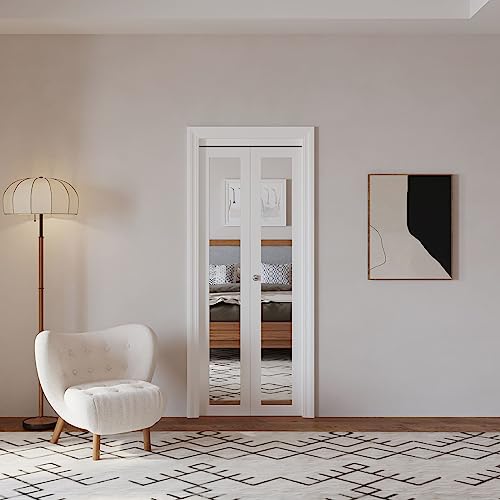Bi-Fold Doors 30" x 80" Heavy-Duty Mirrored Door with Knob & Hardware Kit, Interior Folding Pantry/Closet Door, Pre-Drilled Panels with One Side HD Thicken Mirror & White Back, Easy Install