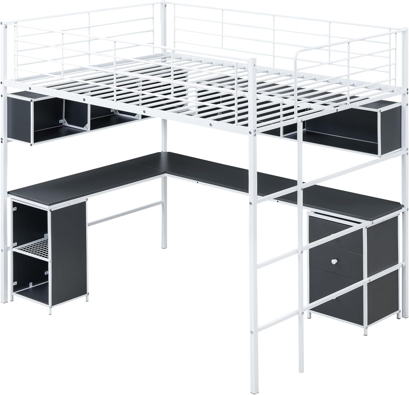 Metal Loft Bed with Bookcase, Desk and Cabinet, Full, White Q330