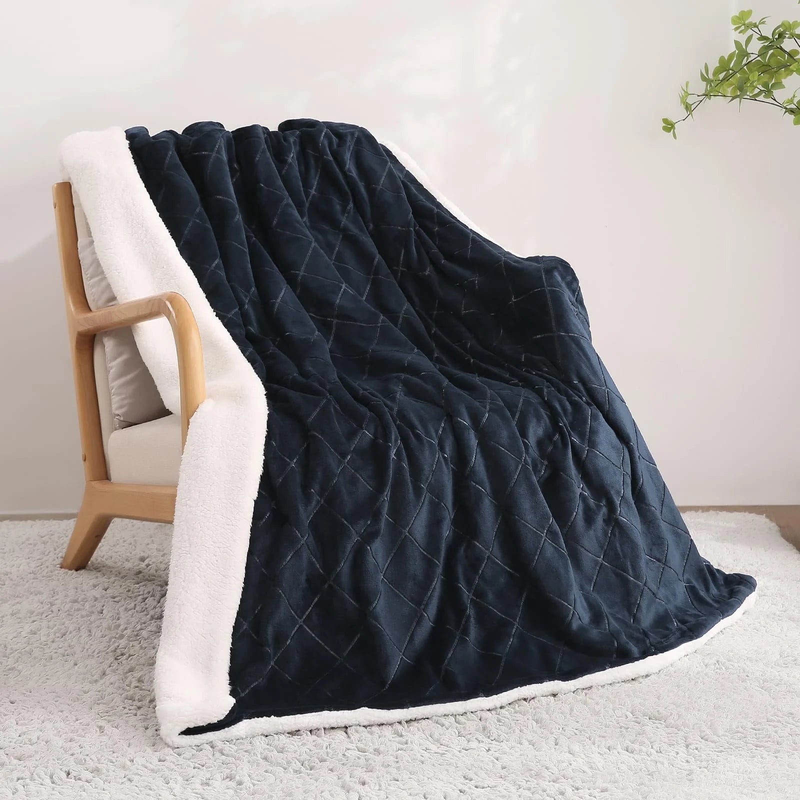 Entil Electric Heated Throw Blanket with 6 Heating Levels, 4 Timers, Dark Blue Flannel & Sherpa 50"x 60"