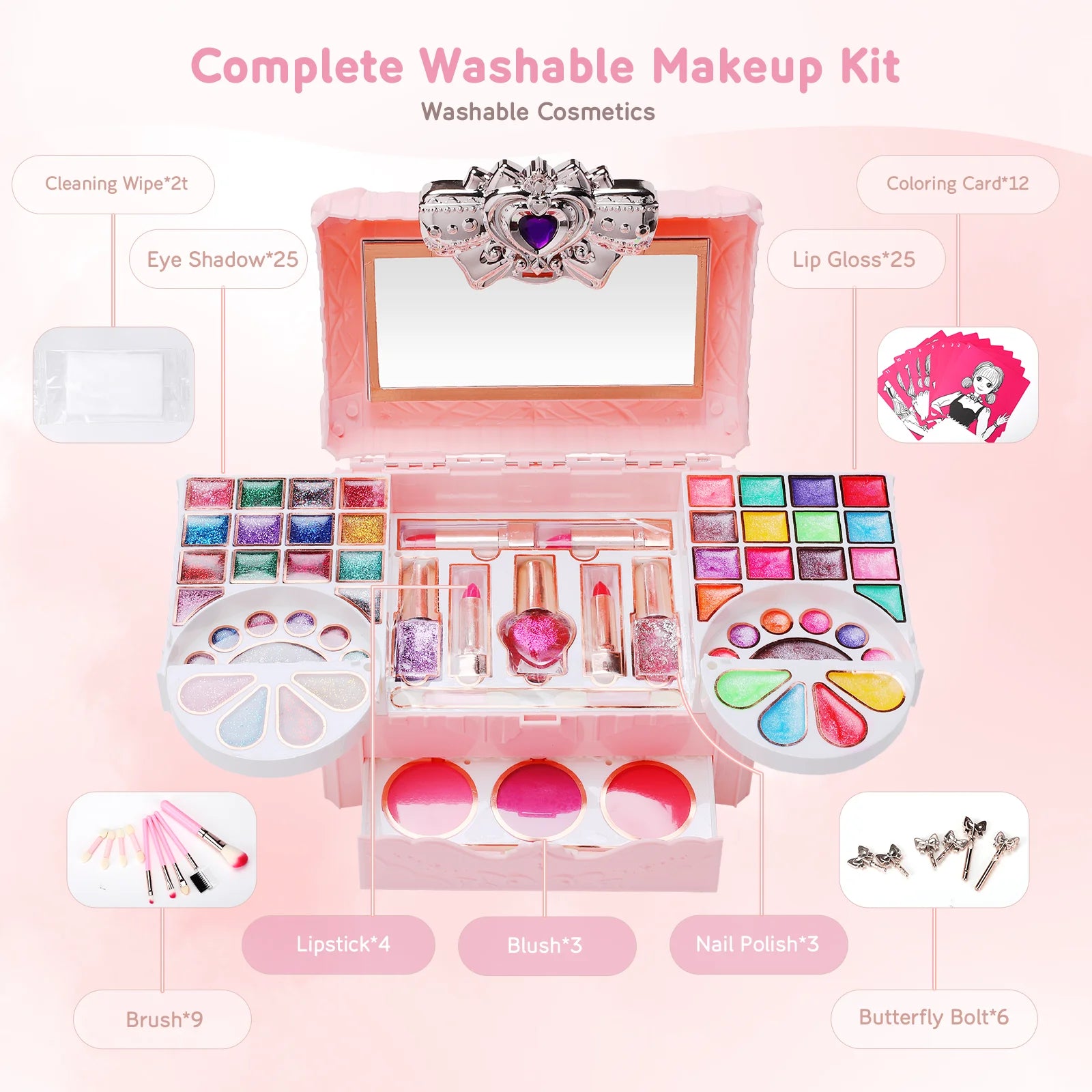 Welltop Kids Makeup Kit Toys for Girls 90 Pcs Washable Play Set H8334