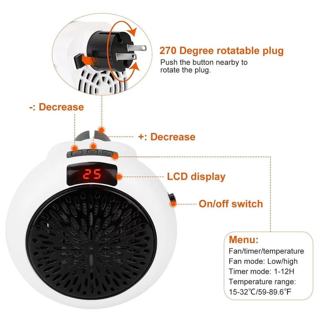 900W Portable Space Heater with Wall Outlet Plug-in T746