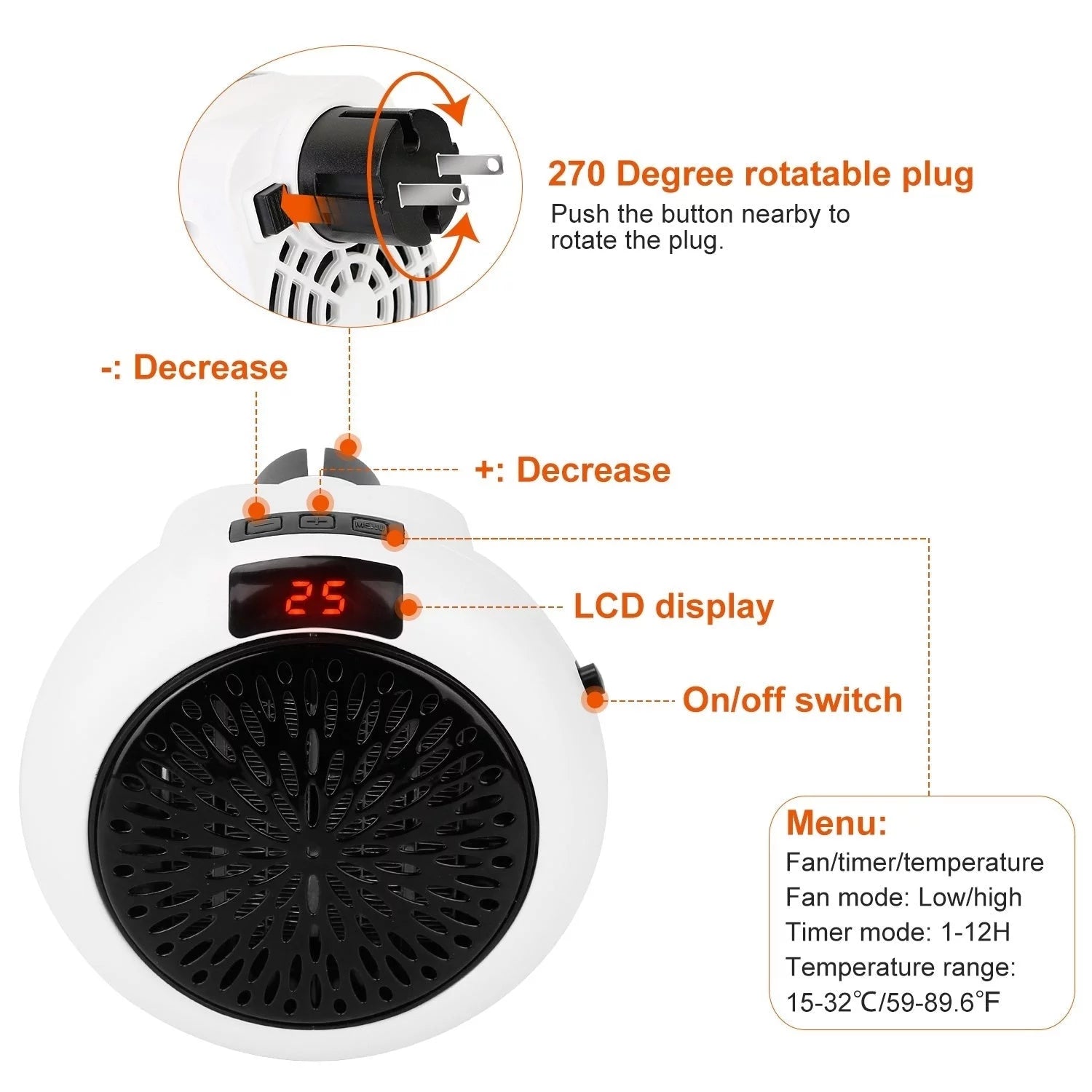 900W Portable Space Heater with Wall Outlet Plug-in T746