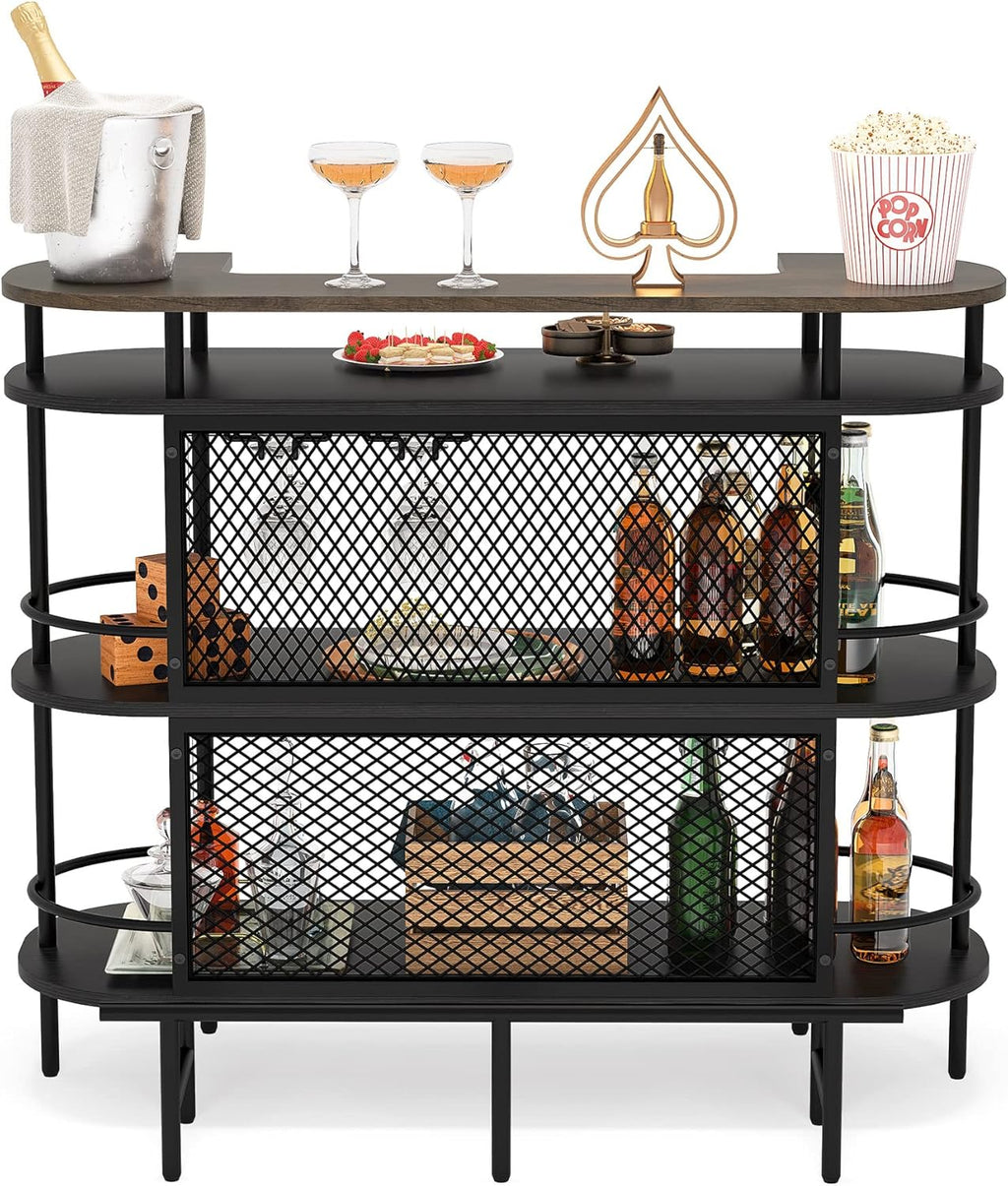 4 Tier Bar Cabinet with Storage Shelves, Foot Rail and Wine Glasses Holder, Black and Walnut Z731