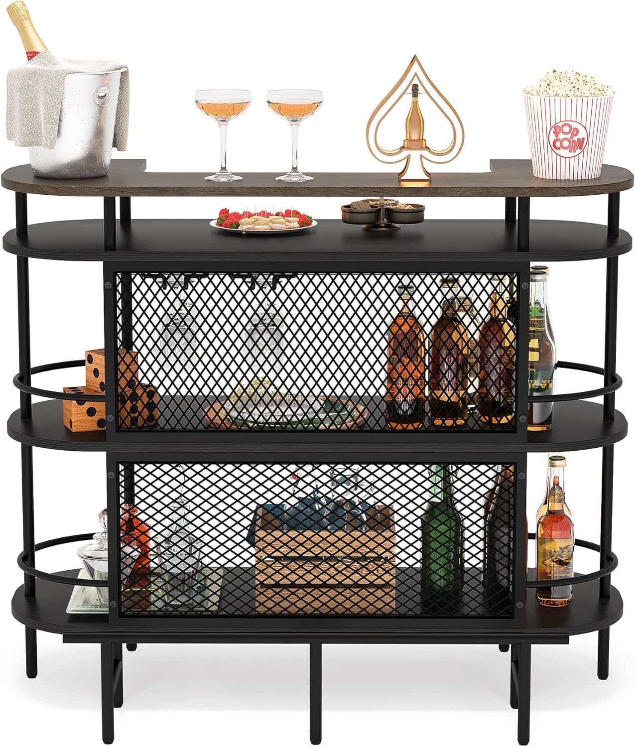 4 Tier Bar Cabinet with Storage Shelves, Foot Rail and Wine Glasses Holder, Black and Walnut Z731